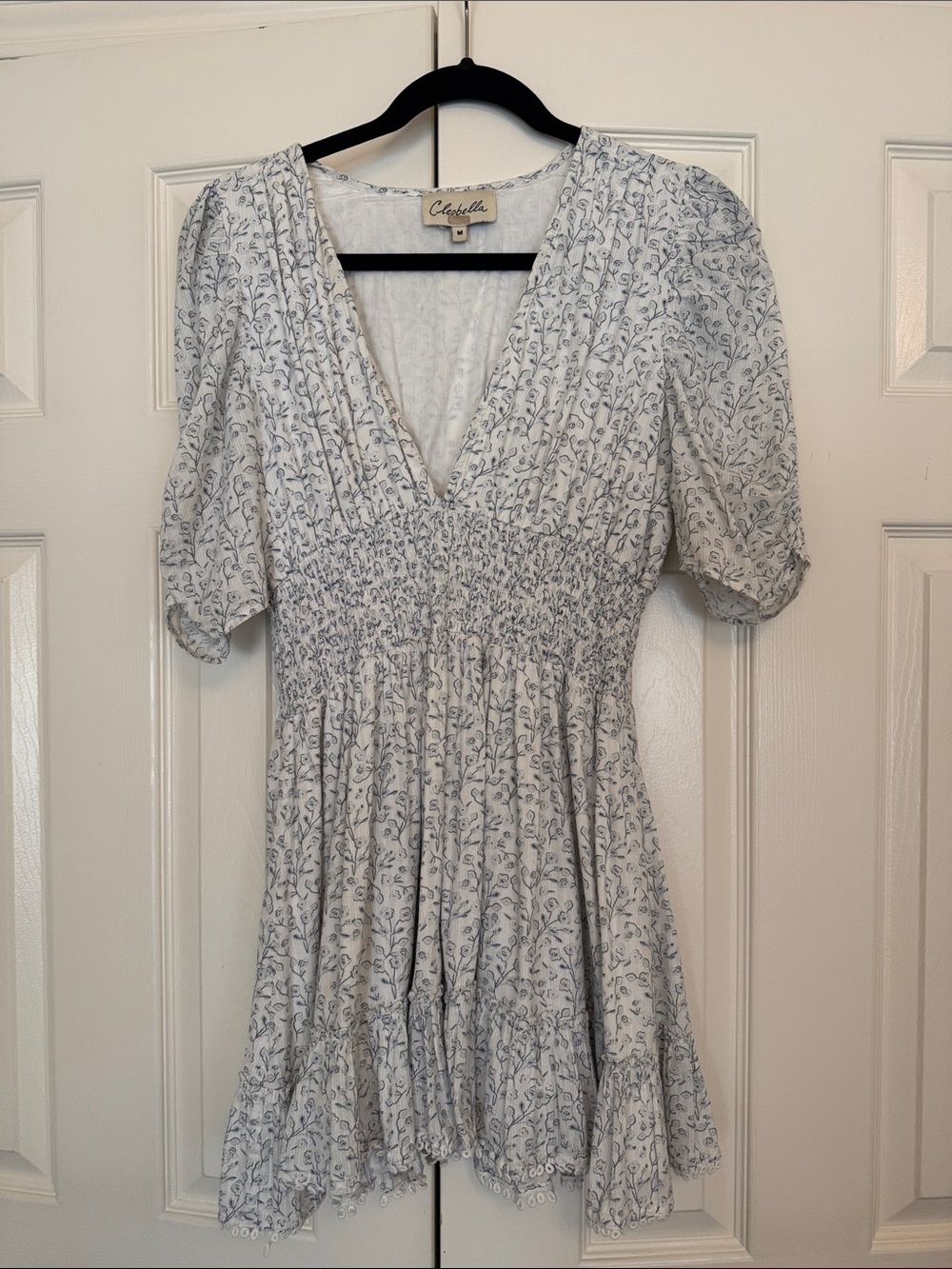 Cleobella White Mini Dress with Blue Floral Vine Print